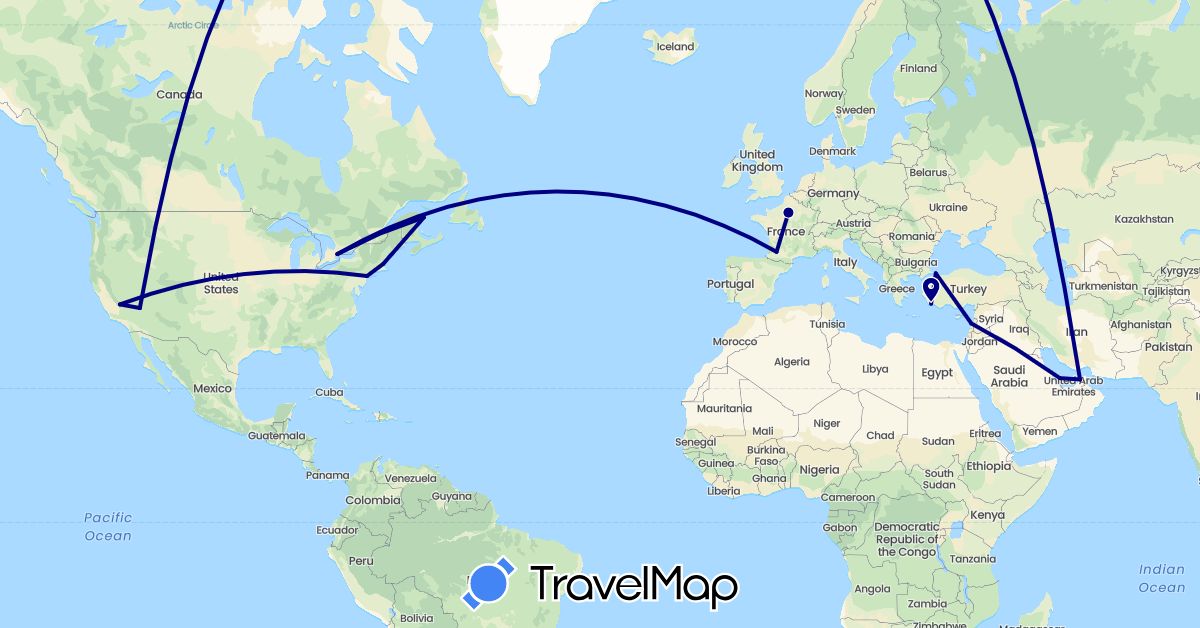 TravelMap itinerary: driving in United Arab Emirates, Canada, France, Lebanon, Qatar, Turkey, United States (Asia, Europe, North America)